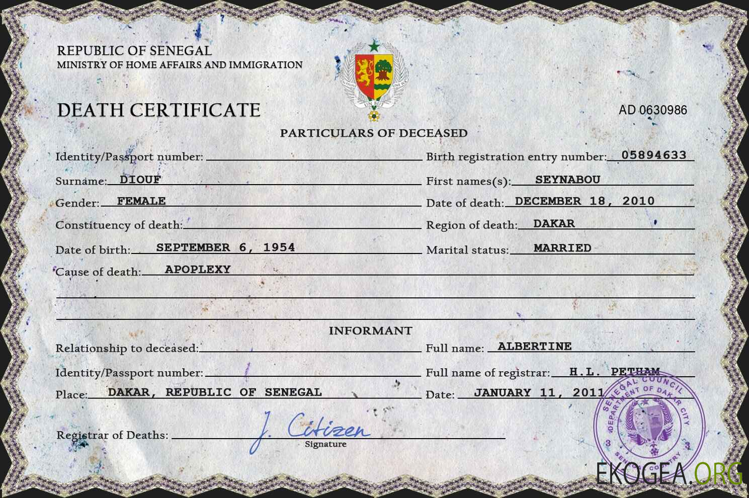 Modèle PSD de certificat de décès de l'état civil du Sénégal